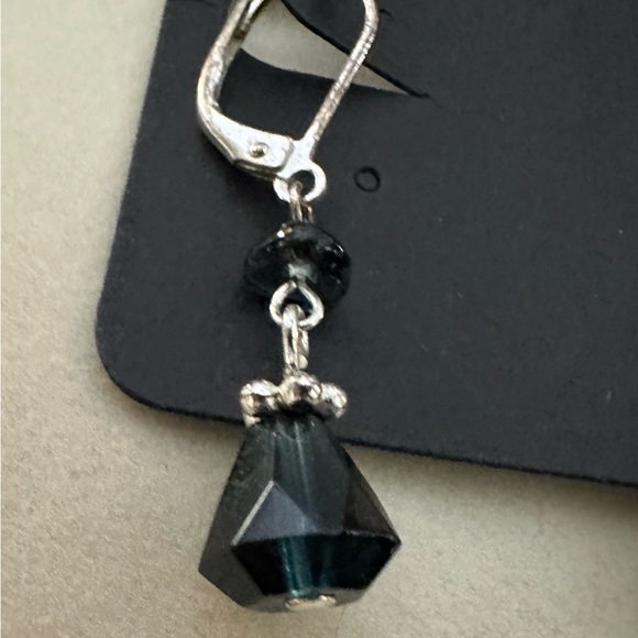 Dk Blue Gem Cut Crystals with Silver Tone. Lever Back Dangle Earrings - Picture 2 of 3